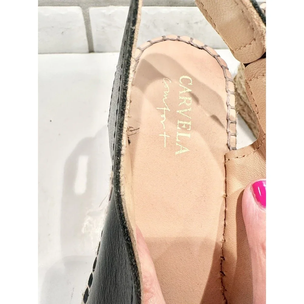 Carvela Comfort Black Leather Wedge Sandals Woman's Size 37 US 7‎